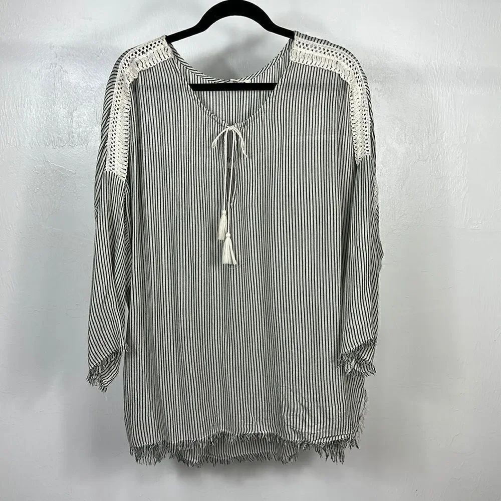 Billabong Striped Boho Distressed Oversized Swim Coverup Top Size L